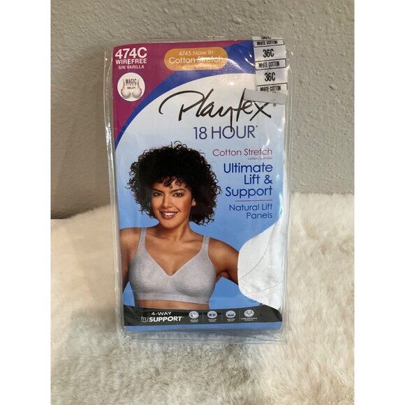 Playtex 18 Hour Cotton Stretch Wireless Full Coverage Bra US474C 36C WHITE - Picture 1 of 4